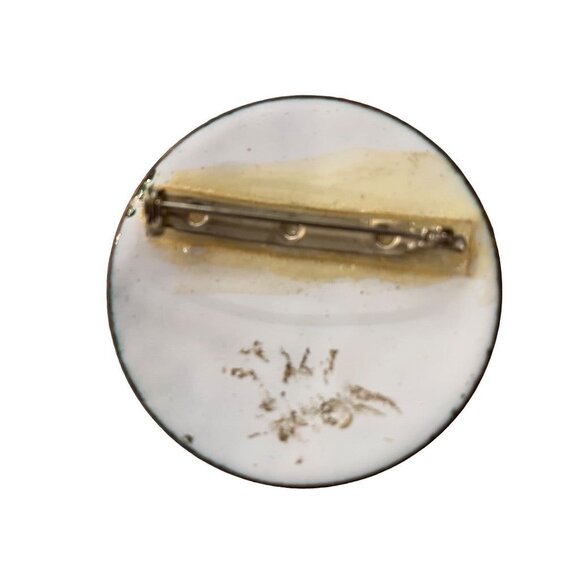 Vintage 1980s Porcelain Brooch Pin Mod Design Blue Green Glazed Copper Trim 2" D - Picture 9 of 12